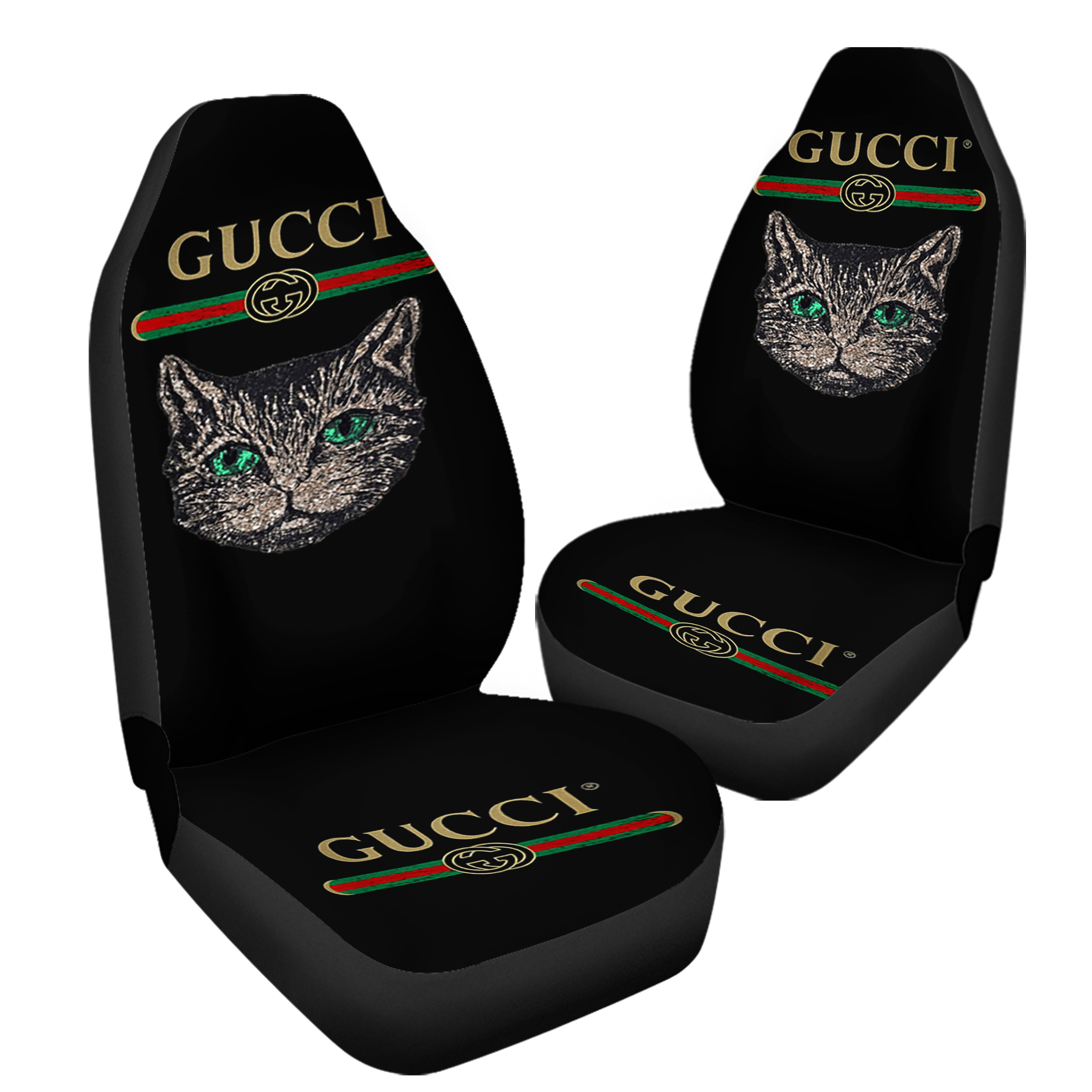 Cat Face With Bright Green Eyes Above Gucci Logo Car Seat Covers