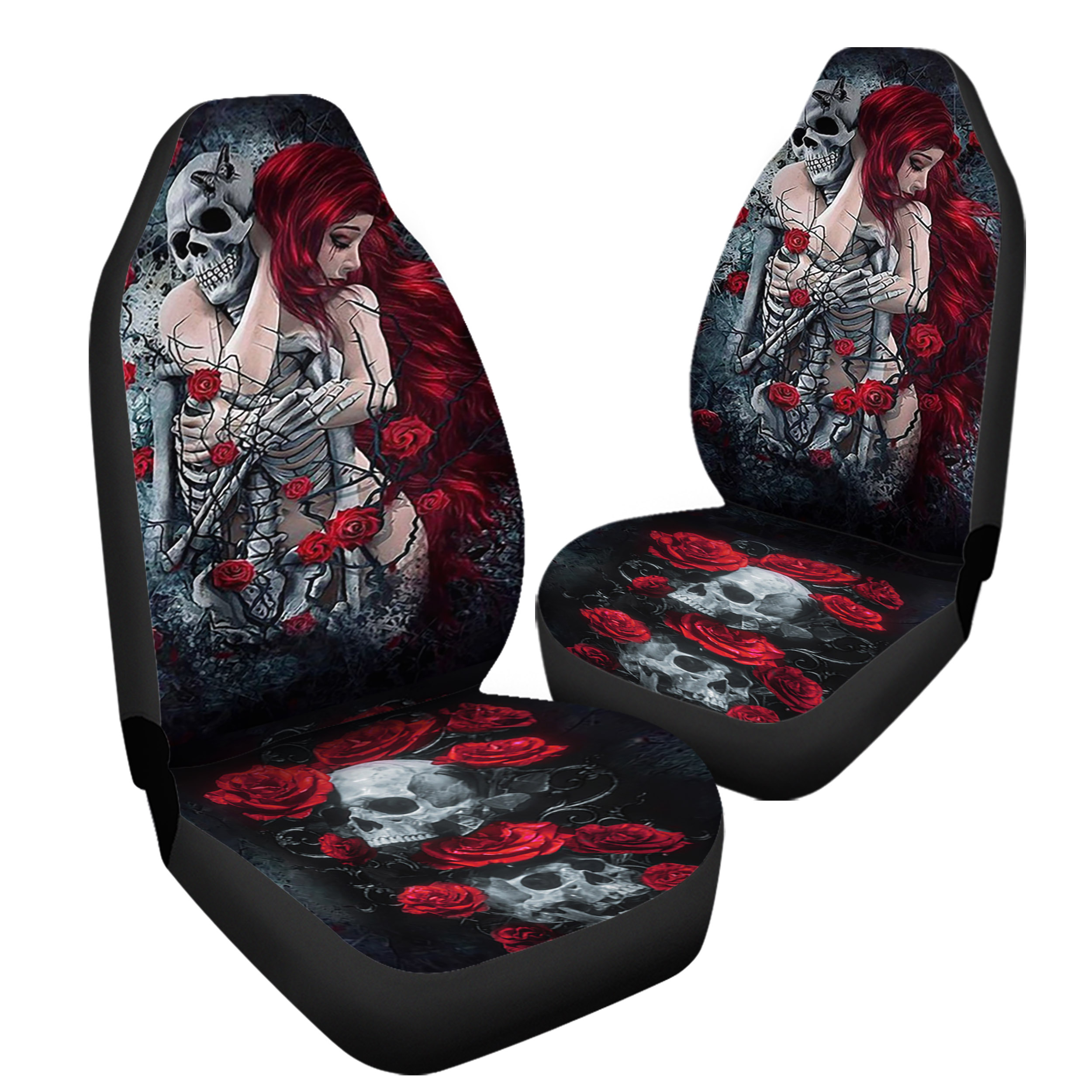 Halloween Skull Couple Rose Flowers Car Seat Covers