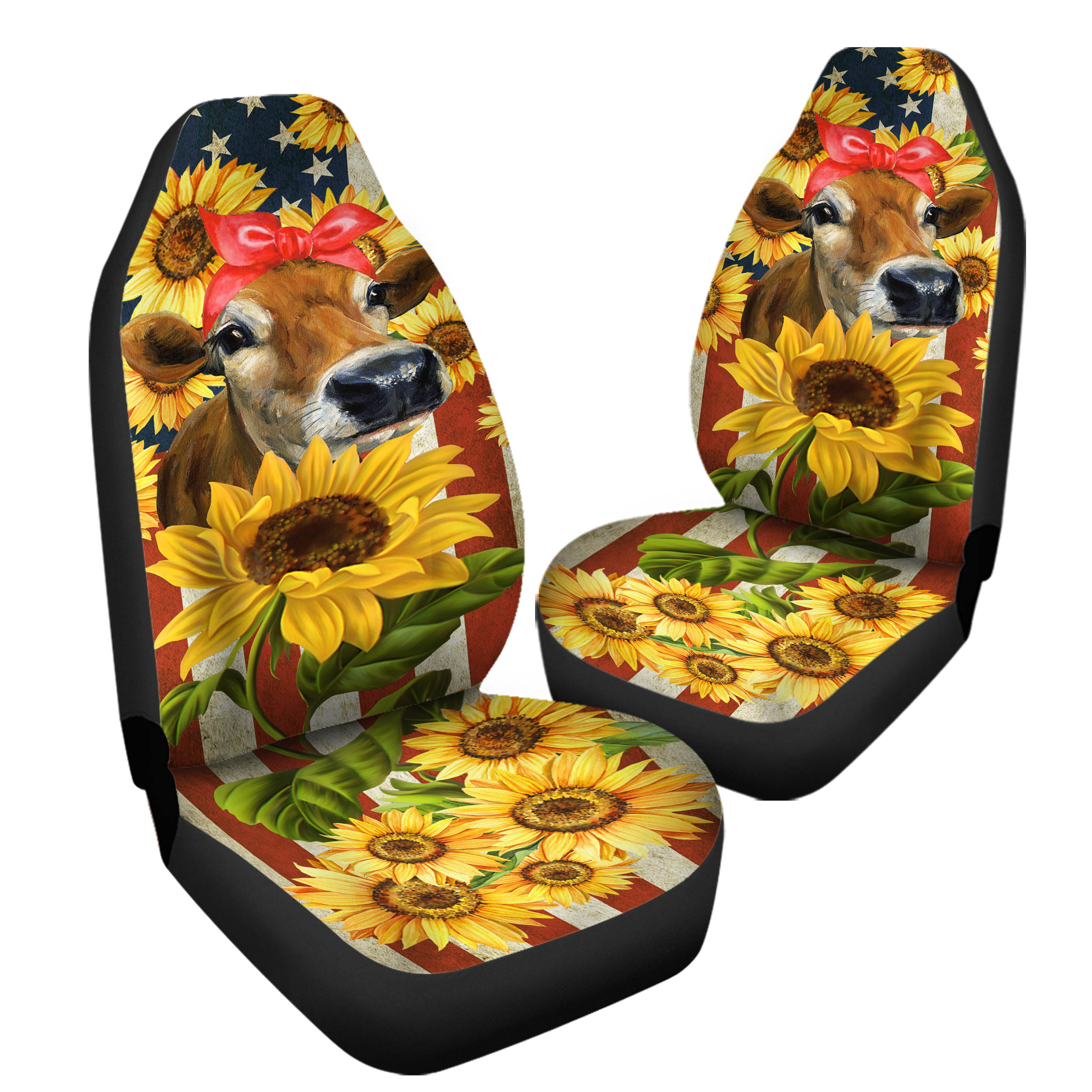 Sunflower Cow Cute American Flag Car Seat Covers